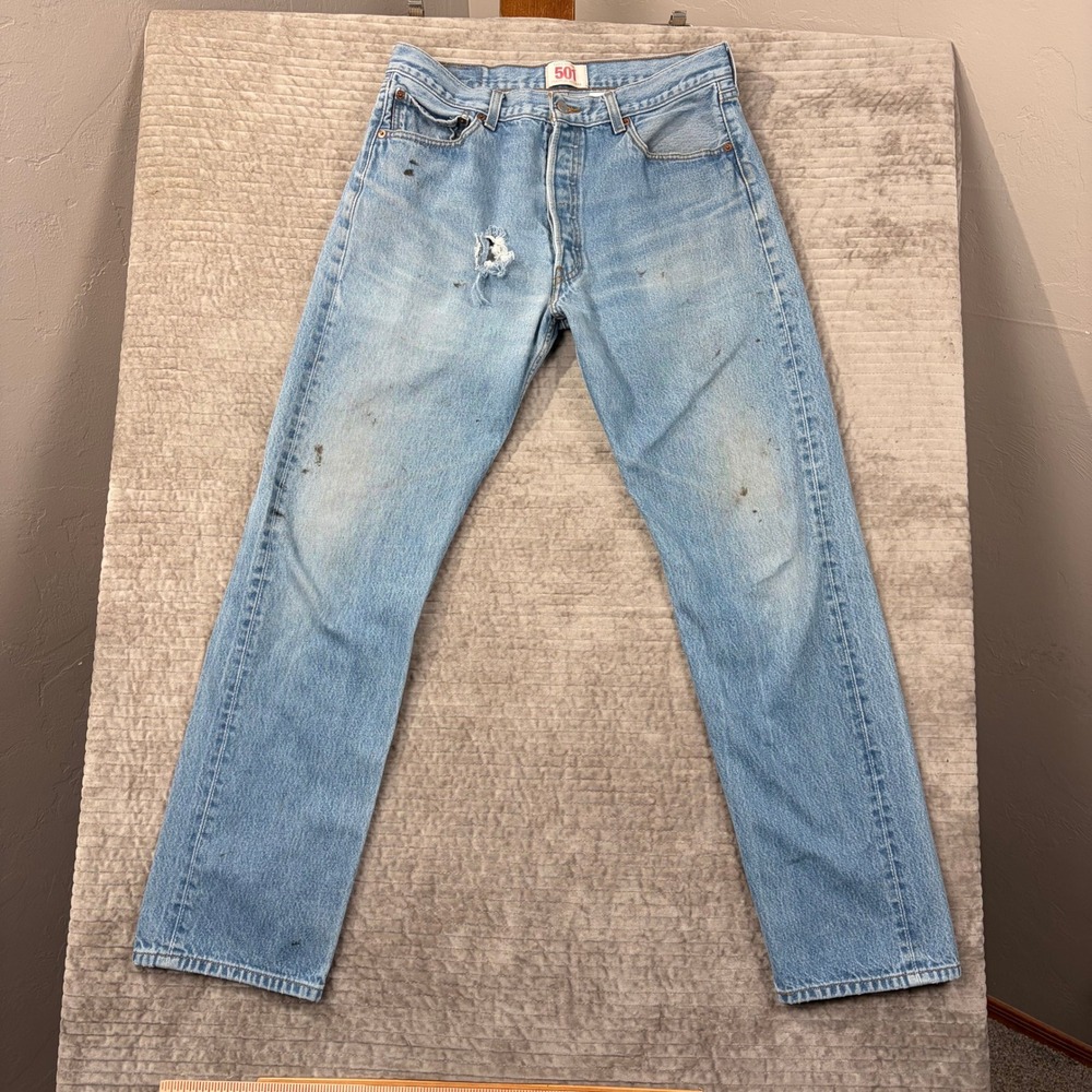 Levis‎ 501 Original Straight Leg Light Wash Distressed Button Fly Jeans 35x36